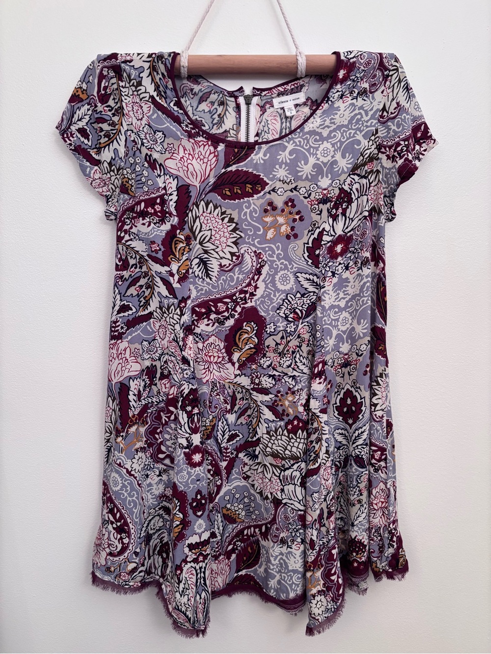 silence + noise Lavender and Burgundy Floral Paisley Mini Dress | Small | Boho